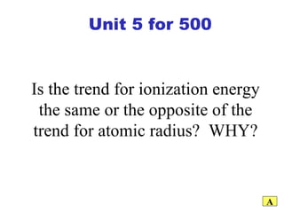 Is the trend for ionization energy the same or the opposite of the trend for atomic radius?  WHY? A Unit 5 for 500 