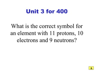 What is the correct symbol for an element with 11 protons, 10 electrons and 9 neutrons? A Unit 3 for 400 