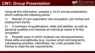 CW1: Group Presentation
A shared mark
60%
• Content
• Research
• Ppt slides
Individual mark
40%
• Delivery
• Language
accu...