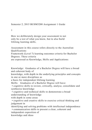 Semester 2, 2015 BUSM3200 Assignment 1 Guide
1
How we deliberately design your assessment to not
only be a test of what you know, but to also build
lifelong learning skills.
Assessment in this course refers directly to the Australian
Qualifications
Framework (Level 7) learning outcomes criteria for Bachelor
Degrees. These criteria
are expressed as Knowledge, Skills and Applications:
Knowledge: Graduates of a Bachelor Degree will have a broad
and coherent body of
knowledge, with depth in the underlying principles and concepts
in one or more disciplines as
a basis for independent lifelong learning
Skills: Graduates of a Bachelor Degree will have:
• cognitive skills to review, critically, analyse, consolidate and
synthesise knowledge
• cognitive and technical skills to demonstrate a broad
understanding of knowledge
with depth in some areas
• cognitive and creative skills to exercise critical thinking and
judgement in
identifying and solving problems with intellectual independence
• communication skills to present a clear, coherent and
independent exposition of
knowledge and ideas
 