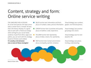 communication 2

Content, strategy and form:
Online service writing
THE LANGUAGE HAS A COLOUR.
Or, to be more precise; the style connotates a certain form, a climate. At least,
that’s the theory. Anyway it’s a good
idea to work with a rhetorical strategi
when writing for your social media
audience. A part from ethos, logos and
pathos, you can work with this strategy
based on Försters work (2004).
It’s usually a mix between
two or more of these strategies!

Based on Förster, 2004.

■ 
BLUE function text: Information and facts:
Visual strategy cues: numbers,
focus on numbers, dates, precise information. graphs, non-fictional photos.
■ 
GREEN function text: Guarantee and quality:
focus on tradition, order, experience.

Visual strategy cues: positive
groupings and culture.

■ 
YELLOW function text: Spontanity:
focus on ideas, visions, fun, spontanity.

Visual strategy cues: fun and
dynamic life.

■ 
RED function text: Contact and emotion:
focus on empathy, warmth, invitation.

Visual strategy cues: peace,
inviting, understanding

 