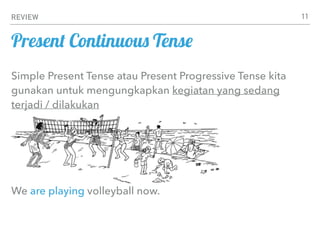 REVIEW
Present Continuous Tense
Simple Present Tense atau Present Progressive Tense kita
gunakan untuk mengungkapkan kegiatan yang sedang
terjadi / dilakukan
We are playing volleyball now.
11
 