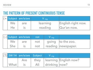 REVIEW
THE PATTERN OF PRESENT CONTINUOUS TENSE
13
(+ Subject am/is/are V -ing
We are learning English right now.
He is reading Qur’an now.
(-) Subject am/is/are not V -ing
We are not going to the zoo.
She is not reading newspaper.
(?) 5W 1H am/is/are Subject V -ing
Are they learning English now?
What is Ali drinking now?
 