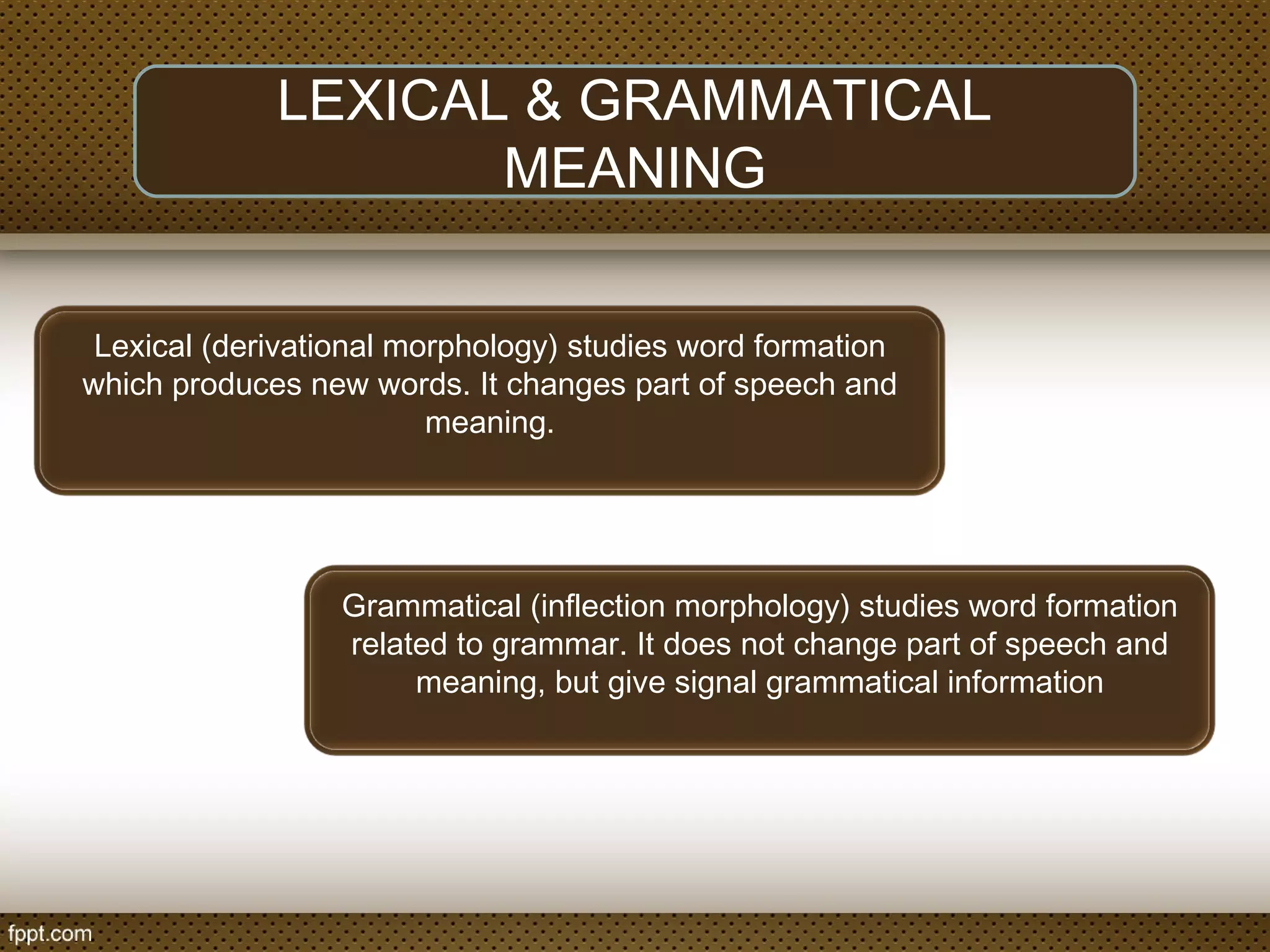 LEXICAL & GRAMMATICAL
MEANING
Lexical (derivational morphology) studies word formation
which produces new words. It changes part of speech and
meaning.
Grammatical (inflection morphology) studies word formation
related to grammar. It does not change part of speech and
meaning, but give signal grammatical information
 