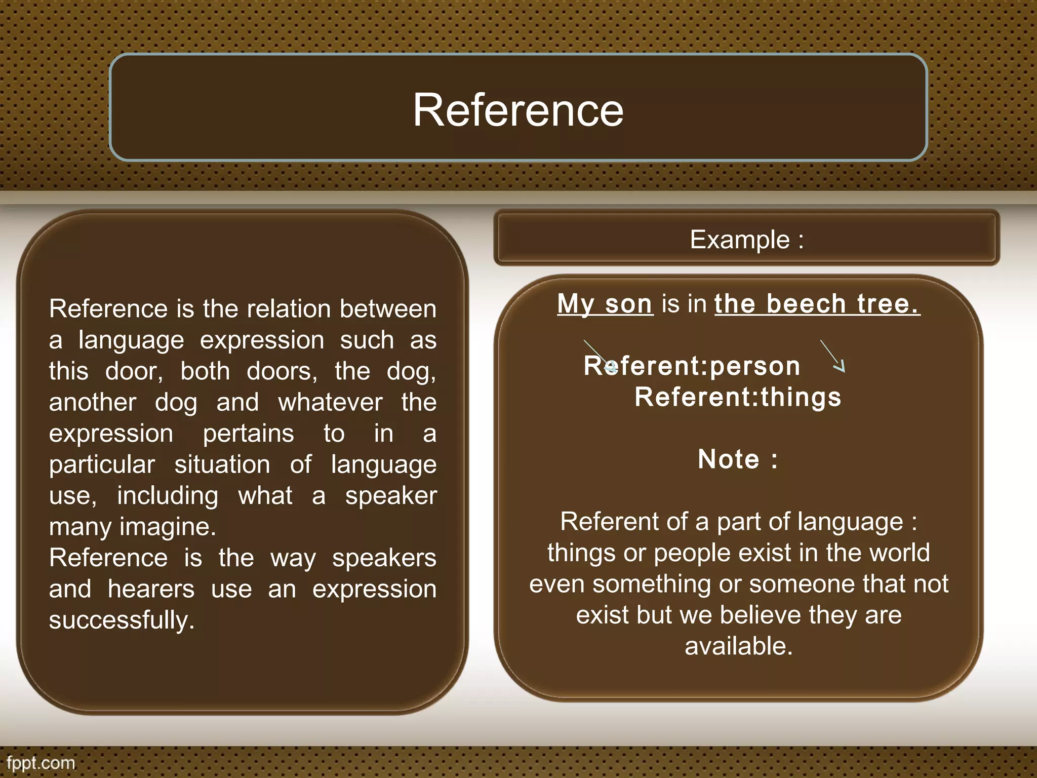Reference
Reference is the relation between
a language expression such as
this door, both doors, the dog,
another dog and whatever the
expression pertains to in a
particular situation of language
use, including what a speaker
many imagine.
Reference is the way speakers
and hearers use an expression
successfully.
Example :
My son is in the beech tree.
Referent:person
Referent:things
Note :
Referent of a part of language :
things or people exist in the world
even something or someone that not
exist but we believe they are
available.
 