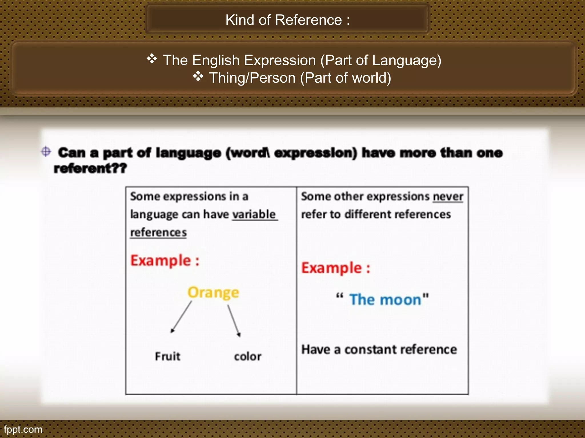 Kind of Reference :
 The English Expression (Part of Language)
 Thing/Person (Part of world)
 