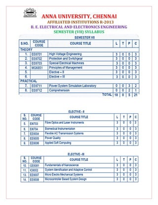 ANNA UNIVERSITY, CHENNAI
AFFILIATED INSTITUTIONS R-2013
B. E. ELECTRICAL AND ELECTRONICS ENGINEERING
SEMESTER (VII) SYLLABUS
 
