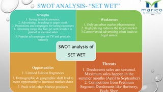Strengths
1. Strong brand & presence.
2. Advertising , branding to target youth
3. Promotions and campaigns for luring customers
4. Grooming range like hair gel with which it is
pushed to increase sales
5. Popular ad campaigns on TV and print ads
instantly
Weaknesses
1. Only an urban market phenomenon
2. High pricing reduces the target market
3.Controversial advertising often leads to
legal issues
Opportunities
1. Limited Edition fragrances
2. Demographic & geographic shift lead to
more opportunity to increase market share
3. Push with other Marico products
Threats
1. Deodorants sales are seasonal.
Maximum sales happen in the
summer months (April to September)
2. Competition from Premium
Segment Deodorants like Burberry,
SWOT analysis of
SET WET
SWOT ANALYSIS- “SET WET”
 