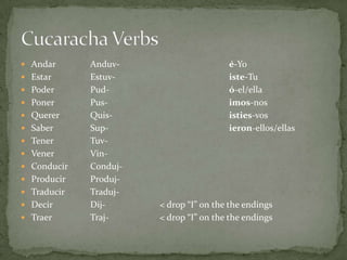 AndarAnduv-				é-YoEstarEstuv-				iste-TuPoderPud-				ó-el/ellaPoner		Pus-				imos-nosQuererQuis-				isties-vosSaber		Sup-				ieron-ellos/ellasTenerTuv-Vener		Vin-ConducirConduj-ProducirProduj-TraducirTraduj-DecirDij-		< drop “I” on the the endingsTraer		Traj-		< drop “I” on the the endingsCucaracha Verbs