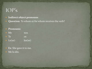 Indirect object pronounsQuestion: To whom or for whom receives the verb?Pronouns:Me		nosTe		osLe(se)	les(se)Ex: She gave it to me.Me lo dió.IOP’s