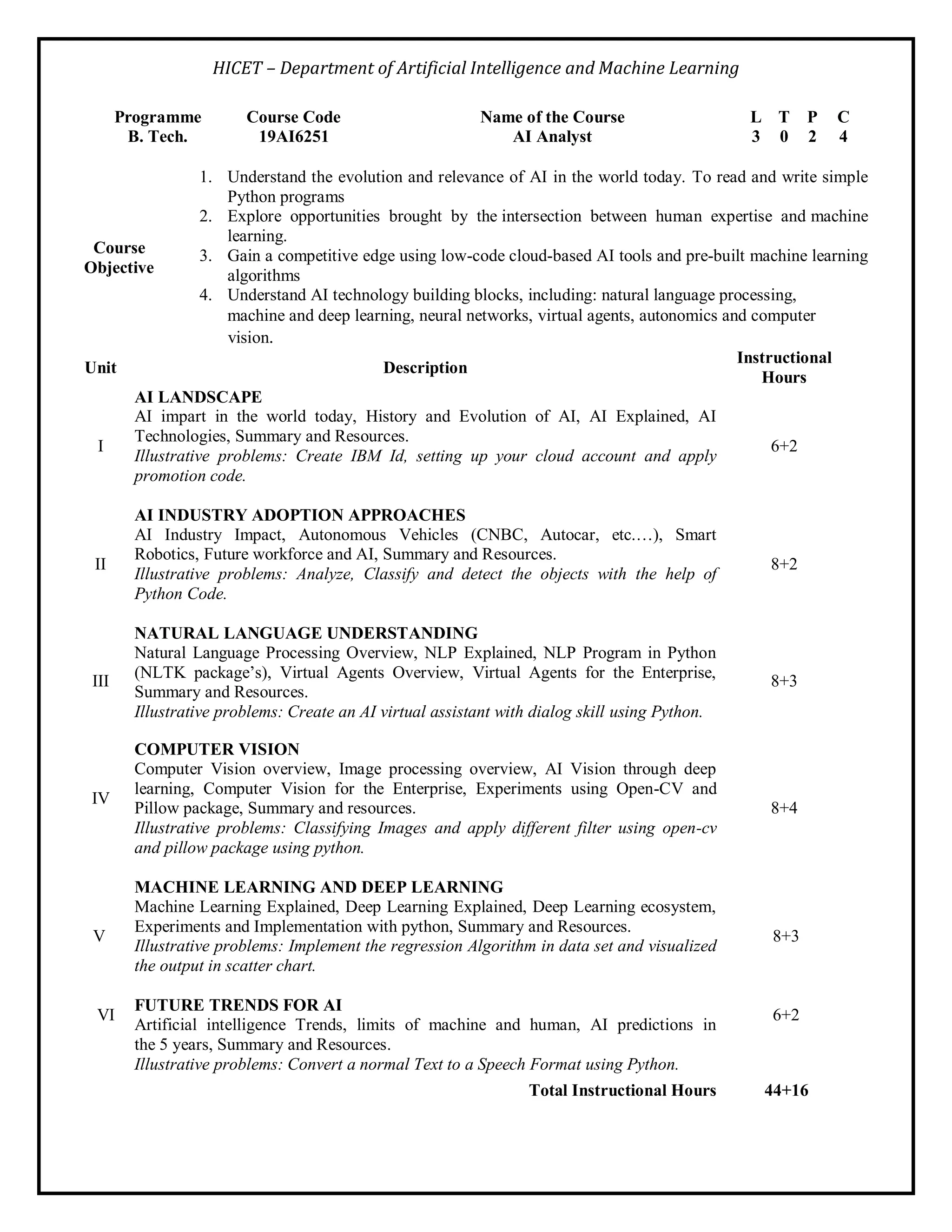 HICET – Department of Artificial Intelligence and Machine Learning
Programme Course Code Name of the Course L T P C
B. Tech. 19AI6251 AI Analyst 3 0 2 4
Course
Objective
1. Understand the evolution and relevance of AI in the world today. To read and write simple
Python programs
2. Explore opportunities brought by the intersection between human expertise and machine
learning.
3. Gain a competitive edge using low-code cloud-based AI tools and pre-built machine learning
algorithms
4. Understand AI technology building blocks, including: natural language processing,
machine and deep learning, neural networks, virtual agents, autonomics and computer
vision.
Unit Description
Instructional
Hours
I
AI LANDSCAPE
AI impart in the world today, History and Evolution of AI, AI Explained, AI
Technologies, Summary and Resources.
Illustrative problems: Create IBM Id, setting up your cloud account and apply
promotion code.
6+2
II
AI INDUSTRY ADOPTION APPROACHES
AI Industry Impact, Autonomous Vehicles (CNBC, Autocar, etc.…), Smart
Robotics, Future workforce and AI, Summary and Resources.
Illustrative problems: Analyze, Classify and detect the objects with the help of
Python Code.
8+2
III
NATURAL LANGUAGE UNDERSTANDING
Natural Language Processing Overview, NLP Explained, NLP Program in Python
(NLTK package’s), Virtual Agents Overview, Virtual Agents for the Enterprise,
Summary and Resources.
Illustrative problems: Create an AI virtual assistant with dialog skill using Python.
8+3
IV
COMPUTER VISION
Computer Vision overview, Image processing overview, AI Vision through deep
learning, Computer Vision for the Enterprise, Experiments using Open-CV and
Pillow package, Summary and resources.
Illustrative problems: Classifying Images and apply different filter using open-cv
and pillow package using python.
8+4
V
VI
MACHINE LEARNING AND DEEP LEARNING
Machine Learning Explained, Deep Learning Explained, Deep Learning ecosystem,
Experiments and Implementation with python, Summary and Resources.
Illustrative problems: Implement the regression Algorithm in data set and visualized
the output in scatter chart.
FUTURE TRENDS FOR AI
Artificial intelligence Trends, limits of machine and human, AI predictions in
the 5 years, Summary and Resources.
Illustrative problems: Convert a normal Text to a Speech Format using Python.
8+3
6+2
Total Instructional Hours 44+16
 