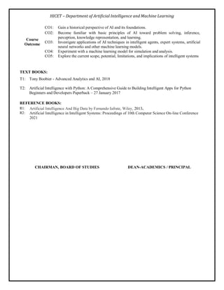 HICET – Department of Artificial Intelligence and Machine Learning
Course
Outcome
CO1: Gain a historical perspective of AI and its foundations.
CO2: Become familiar with basic principles of AI toward problem solving, inference,
perception, knowledge representation, and learning.
CO3: Investigate applications of AI techniques in intelligent agents, expert systems, artificial
neural networks and other machine learning models.
CO4: Experiment with a machine learning model for simulation and analysis.
CO5: Explore the current scope, potential, limitations, and implications of intelligent systems
TEXT BOOKS:
T1:
T2:
Tony Boobier - Advanced Analytics and AI, 2018
Artificial Intelligence with Python: A Comprehensive Guide to Building Intelligent Apps for Python
Beginners and Developers Paperback – 27 January 2017
REFERENCE BOOKS:
R1: Artificial Intelligence And Big Data by Fernando Iafrate, Wiley, 2013.
R2: Artificial Intelligence in Intelligent Systems: Proceedings of 10th Computer Science On-line Conference
2021
CHAIRMAN, BOARD OF STUDIES DEAN-ACADEMICS / PRINCIPAL
 