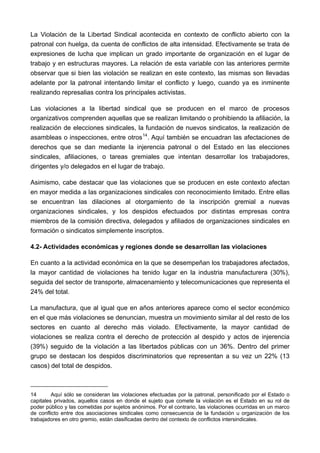 La Violación de la Libertad Sindical acontecida en contexto de conflicto abierto con la
patronal con huelga, da cuenta de conflictos de alta intensidad. Efectivamente se trata de
expresiones de lucha que implican un grado importante de organización en el lugar de
trabajo y en estructuras mayores. La relación de esta variable con las anteriores permite
observar que si bien las violación se realizan en este contexto, las mismas son llevadas
adelante por la patronal intentando limitar el conflicto y luego, cuando ya es inminente
realizando represalias contra los principales activistas.

Las violaciones a la libertad sindical que se producen en el marco de procesos
organizativos comprenden aquellas que se realizan limitando o prohibiendo la afiliación, la
realización de elecciones sindicales, la fundación de nuevos sindicatos, la realización de
asambleas o inspecciones, entre otros 14 . Aquí también se encuadran las afectaciones de
derechos que se dan mediante la injerencia patronal o del Estado en las elecciones
sindicales, afiliaciones, o tareas gremiales que intentan desarrollar los trabajadores,
dirigentes y/o delegados en el lugar de trabajo.

Asimismo, cabe destacar que las violaciones que se producen en este contexto afectan
en mayor medida a las organizaciones sindicales con reconocimiento limitado. Entre ellas
se encuentran las dilaciones al otorgamiento de la inscripción gremial a nuevas
organizaciones sindicales, y los despidos efectuados por distintas empresas contra
miembros de la comisión directiva, delegados y afiliados de organizaciones sindicales en
formación o sindicatos simplemente inscriptos.

4.2- Actividades económicas y regiones donde se desarrollan las violaciones

En cuanto a la actividad económica en la que se desempeñan los trabajadores afectados,
la mayor cantidad de violaciones ha tenido lugar en la industria manufacturera (30%),
seguida del sector de transporte, almacenamiento y telecomunicaciones que representa el
24% del total.

La manufactura, que al igual que en años anteriores aparece como el sector económico
en el que más violaciones se denuncian, muestra un movimiento similar al del resto de los
sectores en cuanto al derecho más violado. Efectivamente, la mayor cantidad de
violaciones se realiza contra el derecho de protección al despido y actos de injerencia
(39%) seguido de la violación a las libertados públicas con un 36%. Dentro del primer
grupo se destacan los despidos discriminatorios que representan a su vez un 22% (13
casos) del total de despidos.



14       Aquí sólo se consideran las violaciones efectuadas por la patronal, personificado por el Estado o
capitales privados, aquellos casos en donde el sujeto que comete la violación es el Estado en su rol de
poder público y las cometidas por sujetos anónimos. Por el contrario, las violaciones ocurridas en un marco
de conflicto entre dos asociaciones sindicales como consecuencia de la fundación u organización de los
trabajadores en otro gremio, están clasificadas dentro del contexto de conflictos intersindicales.
 