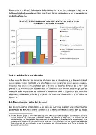Finalmente, el gráfico nº 5 da cuenta de la distribución de las denuncias por violaciones a
la libertad sindical según la actividad económica de los trabajadores y las organizaciones
sindicales afectadas.




2- Acerca de los derechos afectados

A los fines de detectar los derechos afectados por la violaciones a la libertad sindical
denunciadas, hemos realizado una clasificación que comprende cinco grandes grupos,
siguiendo los criterios desarrollados por el Comité de Libertad Sindical de la OIT (ver
gráfico nº 2). A continuación abordaremos las violaciones que afectan a los dos grupos de
derechos más importantes en términos cuantitativos para la Argentina: los derechos
sindicales y libertades públicas, y la protección contra la discriminación y los actos de
injerencia.

2.1- Discriminación y actos de injerencia 6

Las discriminaciones antisindicales y los actos de injerencia explican uno de los mayores
porcentajes de denuncias sobre violaciones a la libertad sindical contando con 68 casos


6 Dentro de este grupo se encuentra todos aquellos actos que sujetan el empleo a restricciones sobre la
  acción sindical del trabajador (diferentes formas de despido y sanciones), la constitución de
  organizaciones de trabajadores dominadas por un empleador u organización de empleadores, o el
  sostenimiento económico, o en otra forma, de organizaciones de trabajadores con el objeto de colocarlas
  bajo el control de un empleador o una organización de estos (sindicatos amarillos o sindicatos de
  protección), entre otras.
 