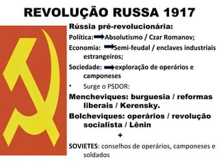 REVOLUÇÃO RUSSA 1917
     Rússia pré-revolucionária:
     Política:   Absolutismo / Czar Romanov;
     Economia:      Semi-feudal / enclaves industriais
          estrangeiros;
     Sociedade:     exploração de operários e
          camponeses
     •    Surge o PSDOR:
     Mencheviques: burguesia / reformas
          liberais / Kerensky.
     Bolcheviques: operários / revolução
          socialista / Lênin
                     +
     SOVIETES: conselhos de operários, camponeses e
          soldados
 