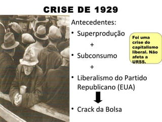 CRISE DE 1929
    Antecedentes:
    • Superprodução Foi uma
                       crise do
          +            capitalismo
                       liberal. Não
    • Subconsumo       afeta a
                       URSS.
          +
    • Liberalismo do Partido
      Republicano (EUA)

    • Crack da Bolsa
 