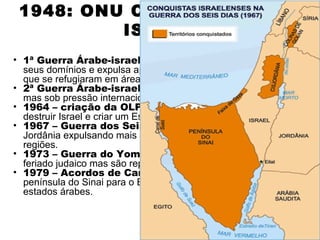 1948: ONU CRIA ESTADO DE
          ISRAEL
• 1ª Guerra Árabe-israelense (1948-1949): Israel amplia
  seus domínios e expulsa aproximadamente 1 milhão de árabes
  que se refugiaram em áreas vizinhas.
• 2ª Guerra Árabe-israelense (1956): Israel invadiu o Egito
  mas sob pressão internacional se retira das áreas ocupadas.
• 1964 – criação da OLP (antiga Al-Fatah) cujo objetivo era
  destruir Israel e criar um Estado Palestino.
• 1967 – Guerra dos Seis Dias: Israel venceu o Egito, Síria e a
  Jordânia expulsando mais um bom número de palestinos das suas
  regiões.
• 1973 – Guerra do Yom Kippur: Síria e Egito atacam Israel no
  feriado judaico mas são repelidos. Houve intervenção da ONU.
• 1979 – Acordos de Camp David: Israel aceita devolver a
  península do Sinai para o Egito que foi repudiado pelos demais
  estados árabes.
 