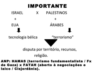 IMPORTANTE
    ISRAEL         X     PALESTINOS
      +                      +
    EUA                    ÁRABES

   tecnologia bélica        “terrorismo”

           disputa por território, recursos,
                 religião.
ANP: HAMAS (terrorismo fundamentalista / Fx
de Gaza) x FATAH (aberto à negociações e
laico / Cisjordânia).
 