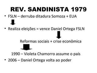 REV. SANDINISTA 1979
• FSLN – derruba ditadura Somoza + EUA

• Realiza eleições = vence Daniel Ortega FSLN

        Reformas sociais + crise econômica

   1990 – Violeta Chamorro assume o país
• 2006 – Daniel Ortega volta ao poder
 