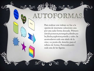 Para realizar este trabajo se fue a la
opción de insertarse selecciono una
por una cada forma deseada. Primero
circulo,corazon,rectangulo,cilindro,nu
be,flecha,explosion,estrella y cubo. Se
acomodaron cada una alado de la
otra y se ponía clic derecho para el
relleno de forma. Personalizando
cada una de las figuras.

 