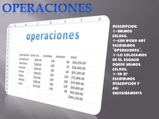 DESCRIPCION:
-UNIMOS
CELDAS.
-CON WORD ART
ESCRIBIMOS
¨OPERACIONES¨.
-LO COLOCAMOS
EN EL ESOACIO
DONDE UNIMOS
CELDAS.
-EN b7
ESCRIBIMOS
DESCRIPCION Y
ASI
SUCESIBAMENTE

 