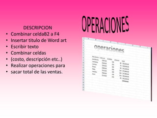 •
•
•
•
•
•
•

DESCRIPCION
Combinar celdaB2 a F4
Insertar titulo de Word art
Escribir texto
Combinar celdas
(costo, descripción etc..)
Realizar operaciones para
sacar total de las ventas.

 