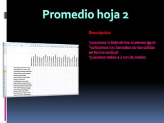 Descripción:
*pasamos la lista de los alumnos igual
*volteamos los formatos de las celdas
en forma vertical
*pusimos todas a 3 cm de ancho

 