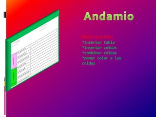 Descripción:
*insertar tabla
*insertar celdas
*combinar celdas
*poner color a las
celdas

 