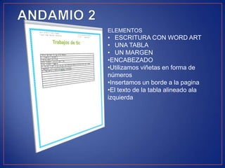 ELEMENTOS

• ESCRITURA CON WORD ART
• UNA TABLA
• UN MARGEN
•ENCABEZADO
•Utilizamos viñetas en forma de
números
•Insertamos un borde a la pagina
•El texto de la tabla alineado ala
izquierda

 