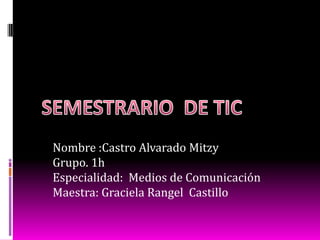 Nombre :Castro Alvarado Mitzy
Grupo. 1h
Especialidad: Medios de Comunicación
Maestra: Graciela Rangel Castillo

 