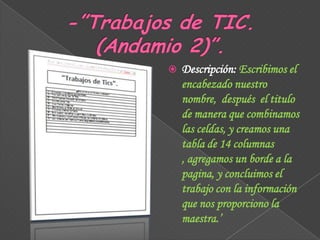 

Descripción: Escribimos el
encabezado nuestro
nombre, después el titulo
de manera que combinamos
las celdas, y creamos una
tabla de 14 columnas
, agregamos un borde a la
pagina, y concluimos el
trabajo con la información
que nos proporciono la
maestra.’

 