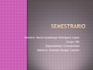 Nombre: María Guadalupe Rodríguez López
Grupo: BM
Especialidad: Contabilidad
Maestra: Graciela Rangel Castillo

 