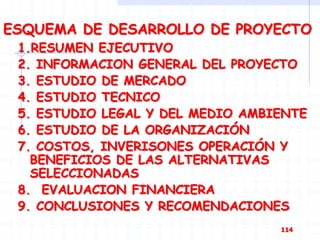 ESQUEMA DE DESARROLLO DE PROYECTO
1.RESUMEN EJECUTIVO
2. INFORMACION GENERAL DEL PROYECTO
3. ESTUDIO DE MERCADO
4. ESTUDIO TECNICO
5. ESTUDIO LEGAL Y DEL MEDIO AMBIENTE
6. ESTUDIO DE LA ORGANIZACIÓN
7. COSTOS, INVERISONES OPERACIÓN Y
BENEFICIOS DE LAS ALTERNATIVAS
SELECCIONADAS
8. EVALUACION FINANCIERA
9. CONCLUSIONES Y RECOMENDACIONES
114
 