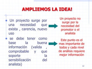12
● Un proyecto surge por
una necesidad que
exista , carencia, nuevo
uso
● se debe tener como
base la buena
información (valida ,
comprobable y que
soporte la
sensibilización del
analista)
Un proyecto no
surge por la
necesidad del
promotor o el
analista
Este punto es el
mas importante de
todos y cada nivel
de análisis requiere
mejor información
AMPLIEMOS LA IDEA!
 