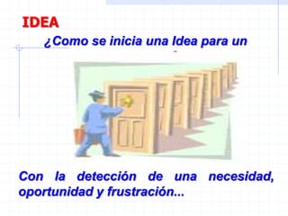 ¿Como se inicia una Idea para un
proyecto ?
Con la detección de una necesidad,
oportunidad y frustración...
IDEA
 