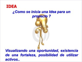 ¿Como se inicia una Idea para un
proyecto ?
Visualizando una oportunidad, existencia
de una fortaleza, posibilidad de utilizar
activos..
IDEA
 