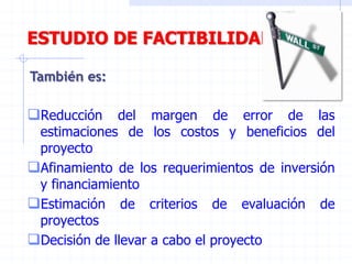 ESTUDIO DE FACTIBILIDAD
Reducción del margen de error de las
estimaciones de los costos y beneficios del
proyecto
Afinamiento de los requerimientos de inversión
y financiamiento
Estimación de criterios de evaluación de
proyectos
Decisión de llevar a cabo el proyecto
También es:
 