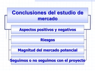 Riesgos
Aspectos positivos y negativos
Magnitud del mercado potencial
Seguimos o no seguimos con el proyecto
Conclusiones del estudio de
mercado
 