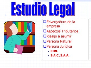 Envergadura de la
empresa
Aspectos Tributarios
Riesgo a asumir
Persona Natural
Persona Jurídica
 EIRL
 S.A.C.,S.A.A.
 