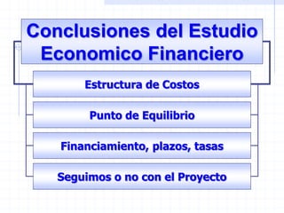 Punto de Equilibrio
Estructura de Costos
Financiamiento, plazos, tasas
Seguimos o no con el Proyecto
Conclusiones del Estudio
Economico Financiero
 