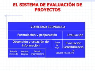 EL SISTEMA DE EVALUACIÓN DE
PROYECTOS
VIABILIDAD ECONÓMICA
Formulación y preparación Evaluación
Obtención y creación de
información
Flujo
de
caja
Evaluación
Sensibilizació
nEstudio
mercado
Estudio
técnico
Estudio
organizaciona
l.
Estudio financiero
 