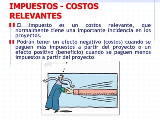 IMPUESTOS - COSTOS
RELEVANTES
El impuesto es un costos relevante, que
normalmente tiene una importante incidencia en los
proyectos.
Podrán tener un efecto negativo (costos) cuando se
paguen más impuestos a partir del proyecto o un
efecto positivo (beneficio) cuando se paguen menos
impuestos a partir del proyecto
Aplicación Excel
 