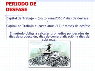 PERIODO DE
DESFASE
Capital de Trabajo = (costo anual/365)* días de desfase
o
Capital de Trabajo = (costo anual/12) * meses de desfase
El método obliga a calcular promedios ponderados de
días de producción, días de comercialización y días de
cobranza.
 