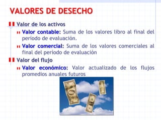 VALORES DE DESECHO
Valor de los activos
Valor contable: Suma de los valores libro al final del
período de evaluación.
Valor comercial: Suma de los valores comerciales al
final del período de evaluación
Valor del flujo
Valor económico: Valor actualizado de los flujos
promedios anuales futuros
 