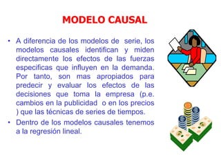MODELO CAUSAL
• A diferencia de los modelos de serie, los
modelos causales identifican y miden
directamente los efectos de las fuerzas
especificas que influyen en la demanda.
Por tanto, son mas apropiados para
predecir y evaluar los efectos de las
decisiones que toma la empresa (p.e.
cambios en la publicidad o en los precios
) que las técnicas de series de tiempos.
• Dentro de los modelos causales tenemos
a la regresión lineal.
 