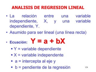 128
ANALISIS DE REGRESION LINEAL
• La relación entre una variable
independiente, X, y una variable
dependiente, Y.
• Asumido para ser lineal (una línea recta)
• Ecuación: Y = a + bX
 Y = variable dependiente
 X = variable independente
 a = intercepta al eje y
 b = pendiente de la regresión
 