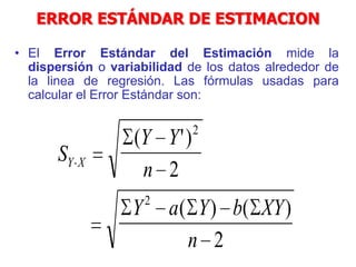 ERROR ESTÁNDAR DE ESTIMACION
• El Error Estándar del Estimación mide la
dispersión o variabilidad de los datos alrededor de
la linea de regresión. Las fórmulas usadas para
calcular el Error Estándar son:
S
Y Y
n
Y a Y b XY
n
Y X
( ')
( ) ( )
2
2
2
2
 