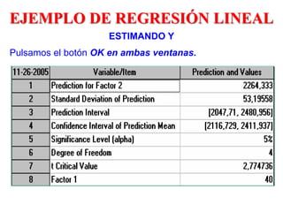 ESTIMANDO Y
Pulsamos el botón OK en ambas ventanas.
EJEMPLO DE REGRESIÓN LINEAL
 
