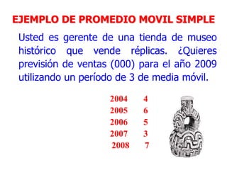 39
Usted es gerente de una tienda de museo
histórico que vende réplicas. ¿Quieres
previsión de ventas (000) para el año 2009
utilizando un período de 3 de media móvil.
2004 4
2005 6
2006 5
2007 3
2008 7
EJEMPLO DE PROMEDIO MOVIL SIMPLE
 