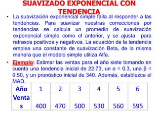 SUAVIZADO EXPONENCIAL CON
TENDENCIA
• La suavización exponencial simple falla al responder a las
tendencias. Para suavizar nuestras correcciones por
tendencias se calcula un promedio de suavización
exponencial simple como el anterior, y se ajusta para
retrasos positivos y negativos. La ecuación de la tendencia
emplea una constante de suavización Beta, de la misma
manera que el modelo simple utiliza Alfa.
• Ejemplo: Estimar las ventas para el año siete tomando en
cuenta una tendencia inicial de 22.73, un α = 0.3, una β =
0.50, y un pronóstico inicial de 340. Además, establezca el
MAD.
Año 1 2 3 4 5 6
Venta
s 400 470 500 530 560 595
 